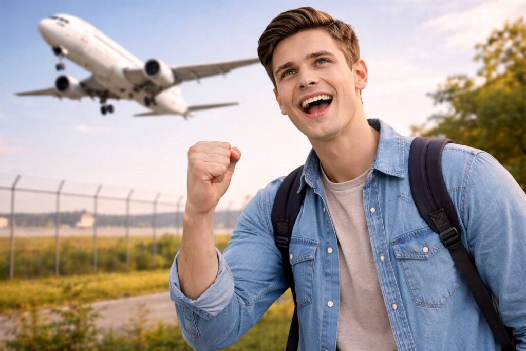 旅客機を見上げてこぶしを握る男子大学生