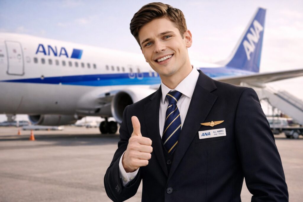 ANAの旅客機の前で親指を立てる男性CA