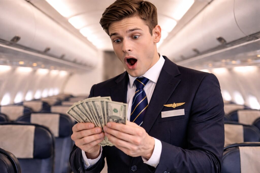 驚いた顔で札束を数える男性キャビンアテンダント
