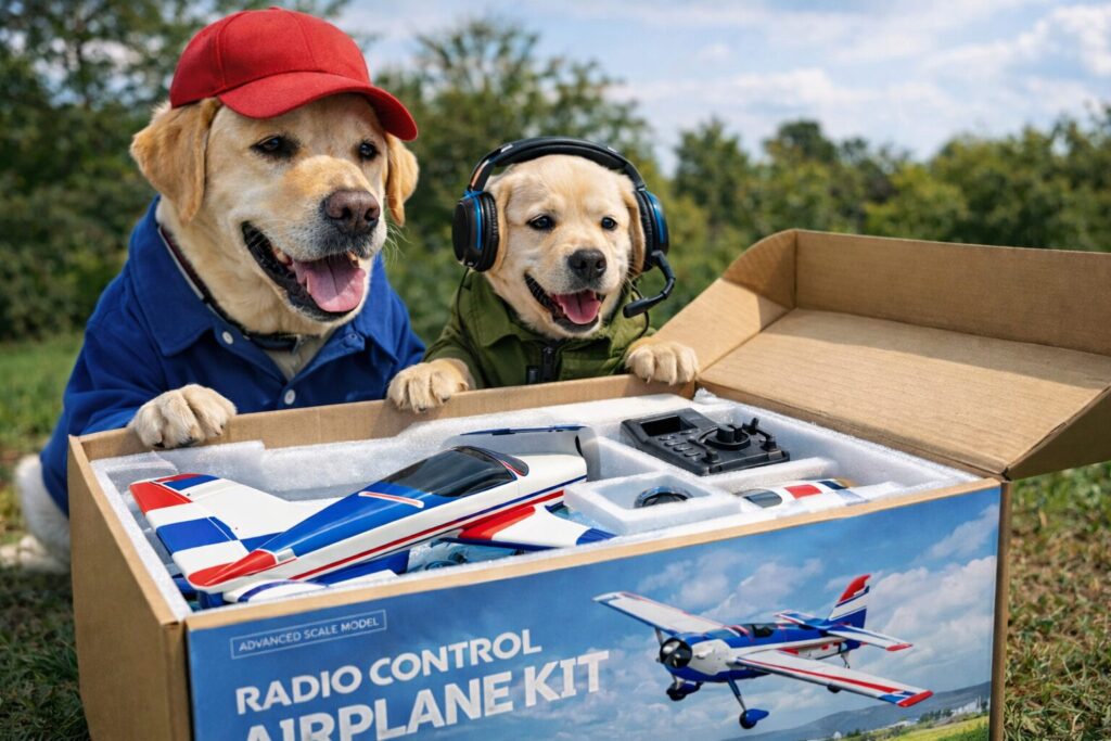 嬉しそうにラジコン飛行機キットの箱を開けるラブラドールの親子