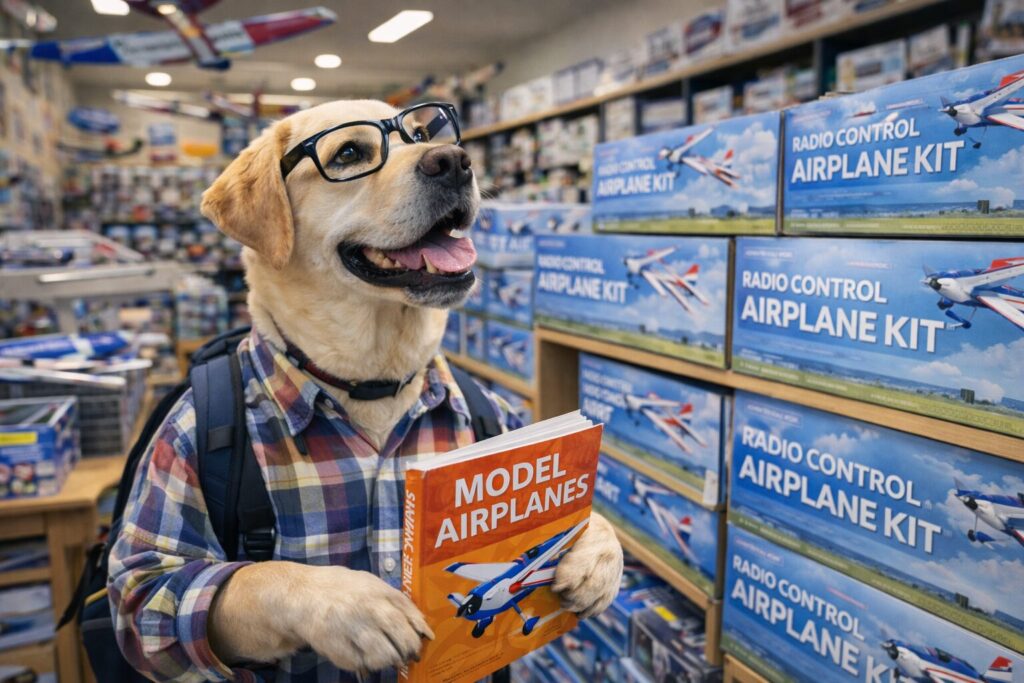 ラジコン飛行機のキットショップできょろきょろするラブラドールのオタク