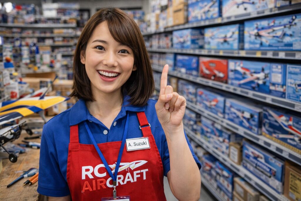 笑顔で人差し指をたてるラジコン飛行機ショップの女性店員
