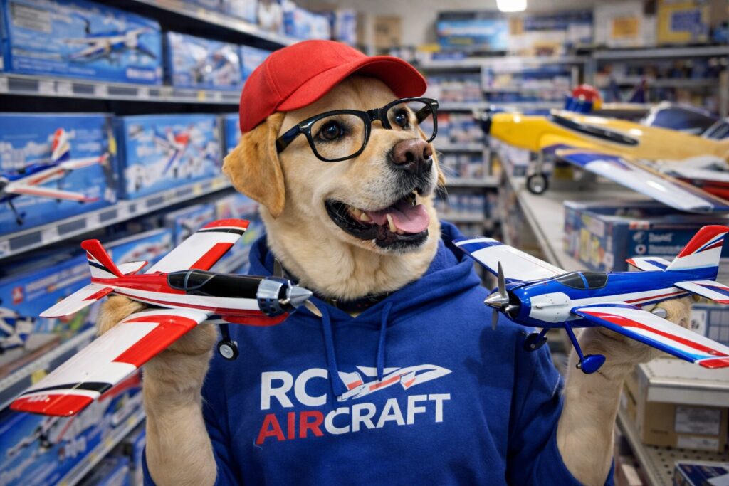 2つのラジコン飛行機を見比べるラブラドールのオタク