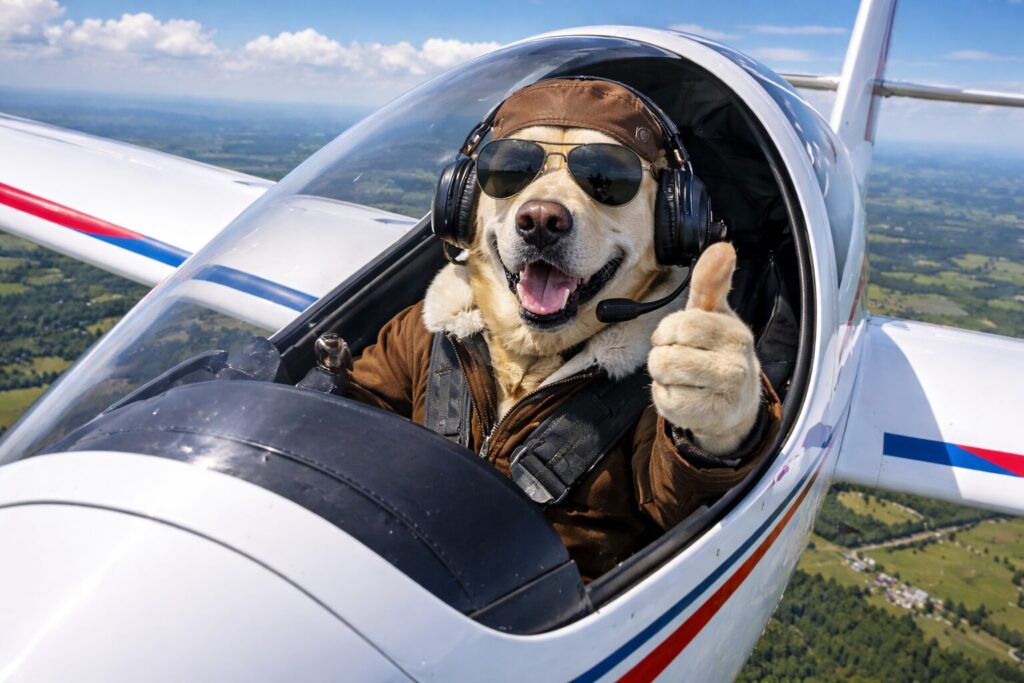 飛行中のグライダーから親指を立てるラブラドールのパイロット