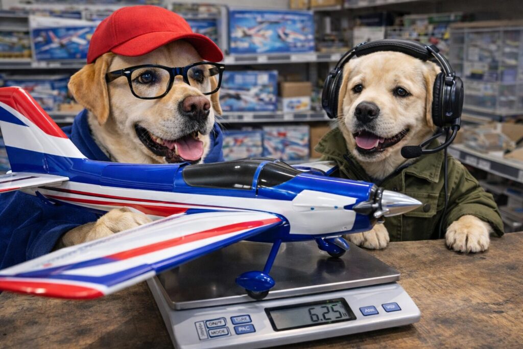 ラジコン飛行機の重さを量るラブラドールの親子