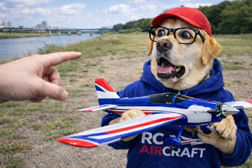 指を指されて驚くラジコン飛行機を持ったラブラドールのオタク