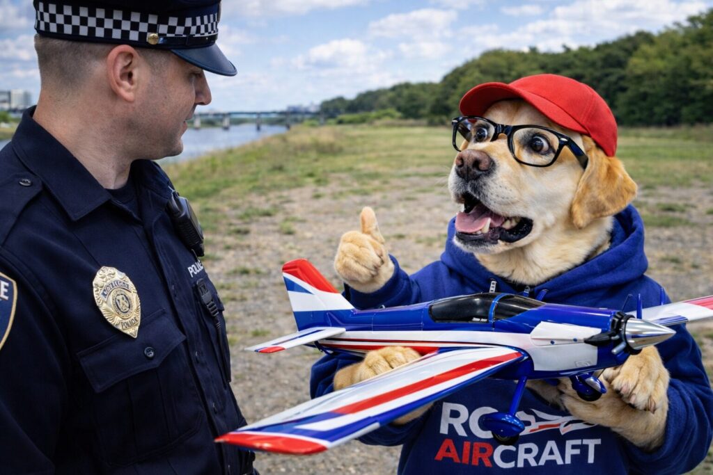 お巡りさんに質問するラジコン飛行機を持ったラブラドールのオタク