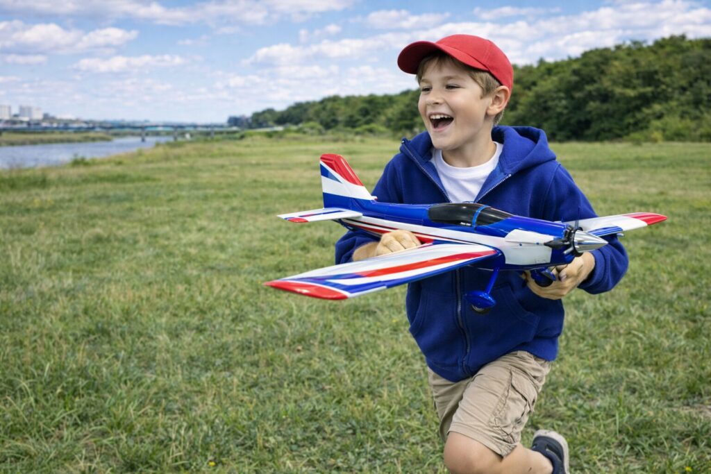 ラジコン飛行機を持って草原を走る少年
