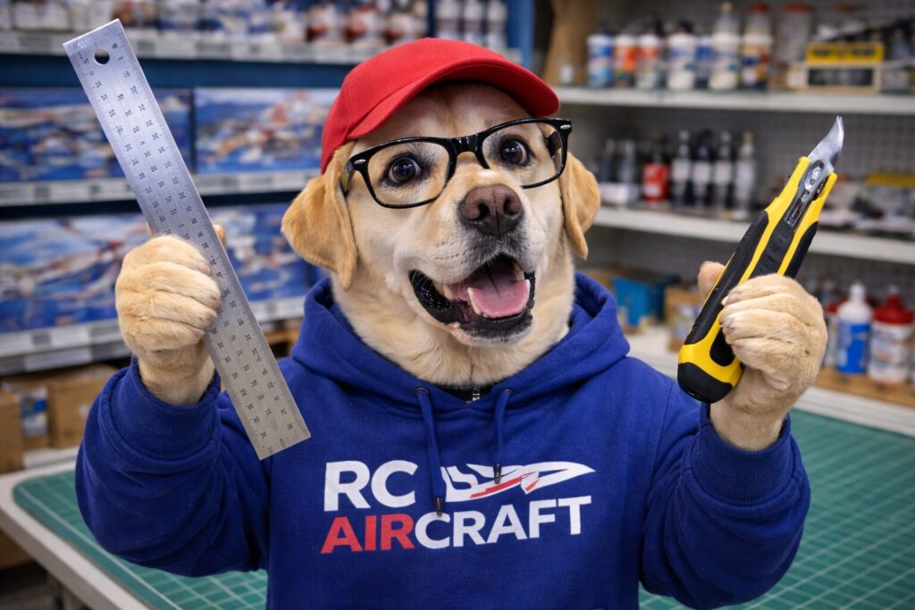 両手にスチール定規とカッターを持つラブラドールのオタク