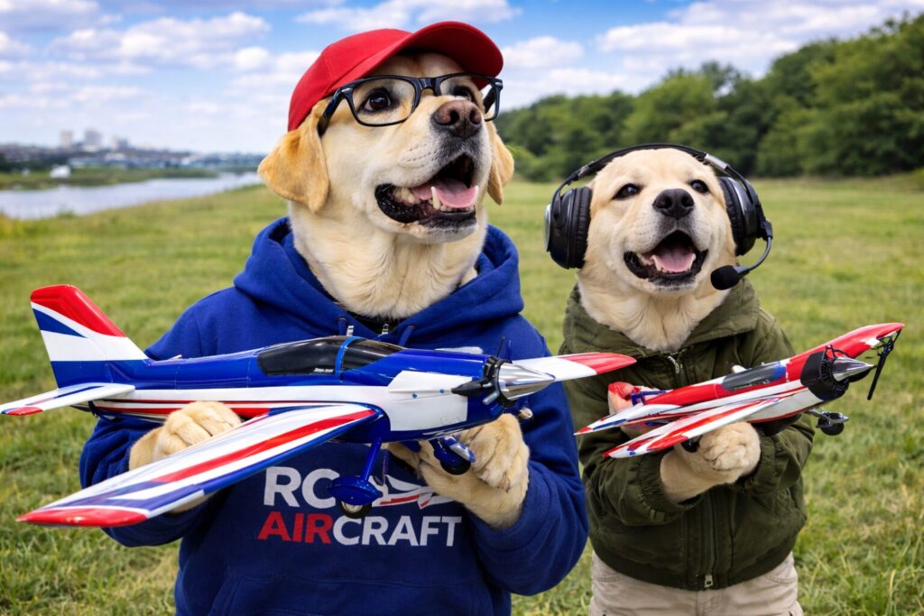 ラジコン飛行機を持って空を見上げるラブラドールの親子