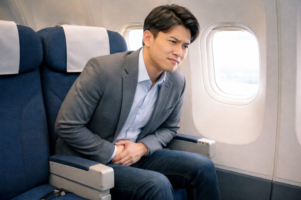 旅客機の座席でトイレを我慢している男性客