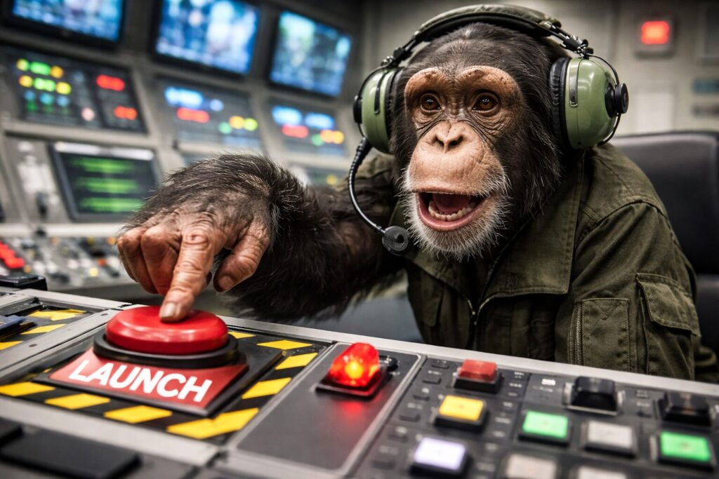 ミサイルの発射ボタンを押そうとするチンパンジー
