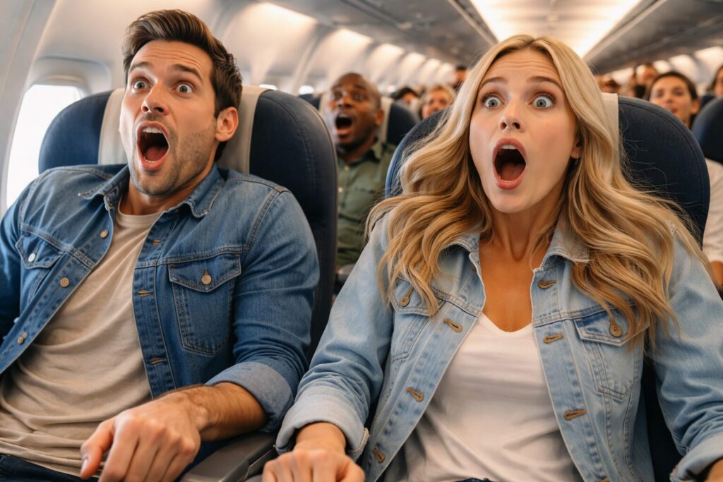 背中がシートに押し付けられて驚く旅客機の乗客たち