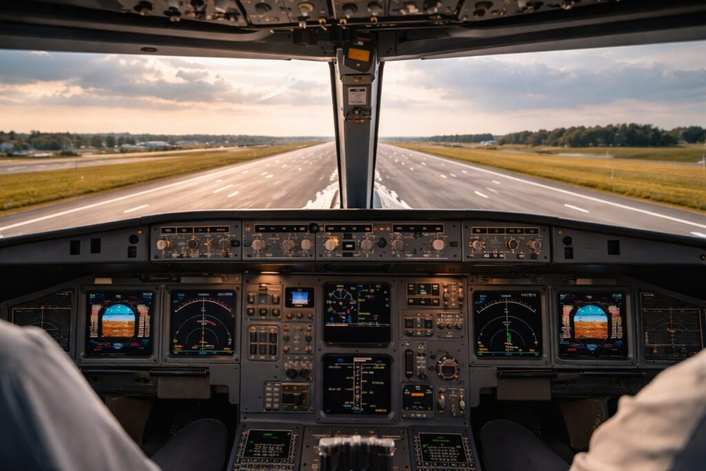 旅客機のコクピットから見える滑走路