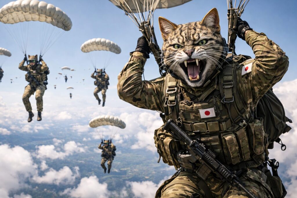 牙を見せて威嚇する山猫の空挺団員