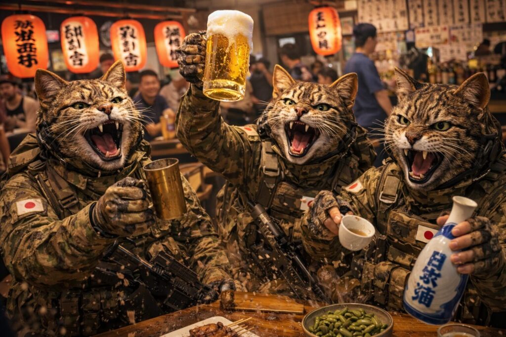 居酒屋で大騒ぎをする山猫の空挺団員たち