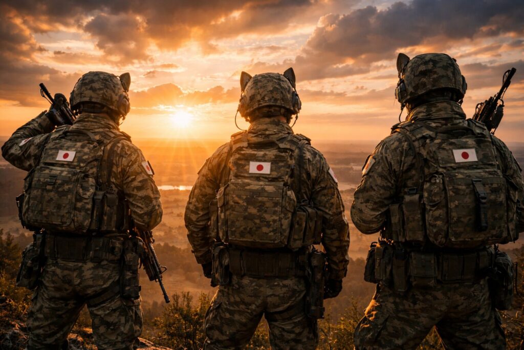 夕日に向かって立つ空挺団員たちの後ろ姿