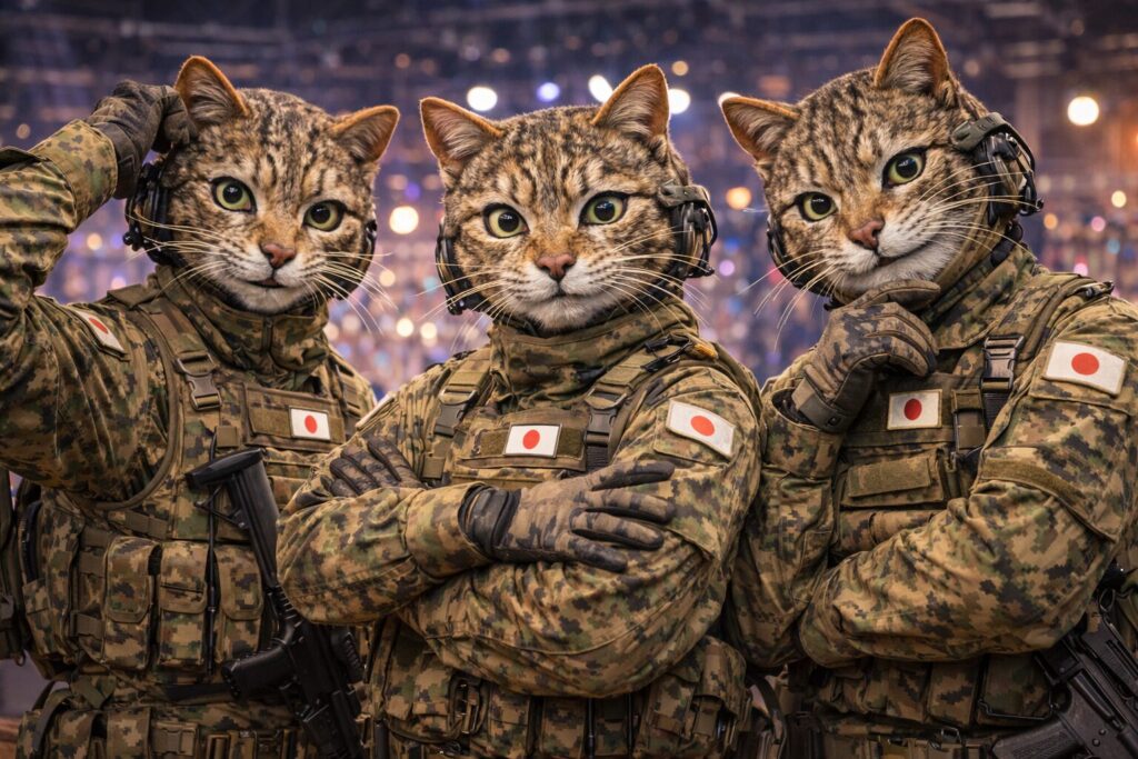 カメラ目線でモデルポーズをとる空挺団員たち