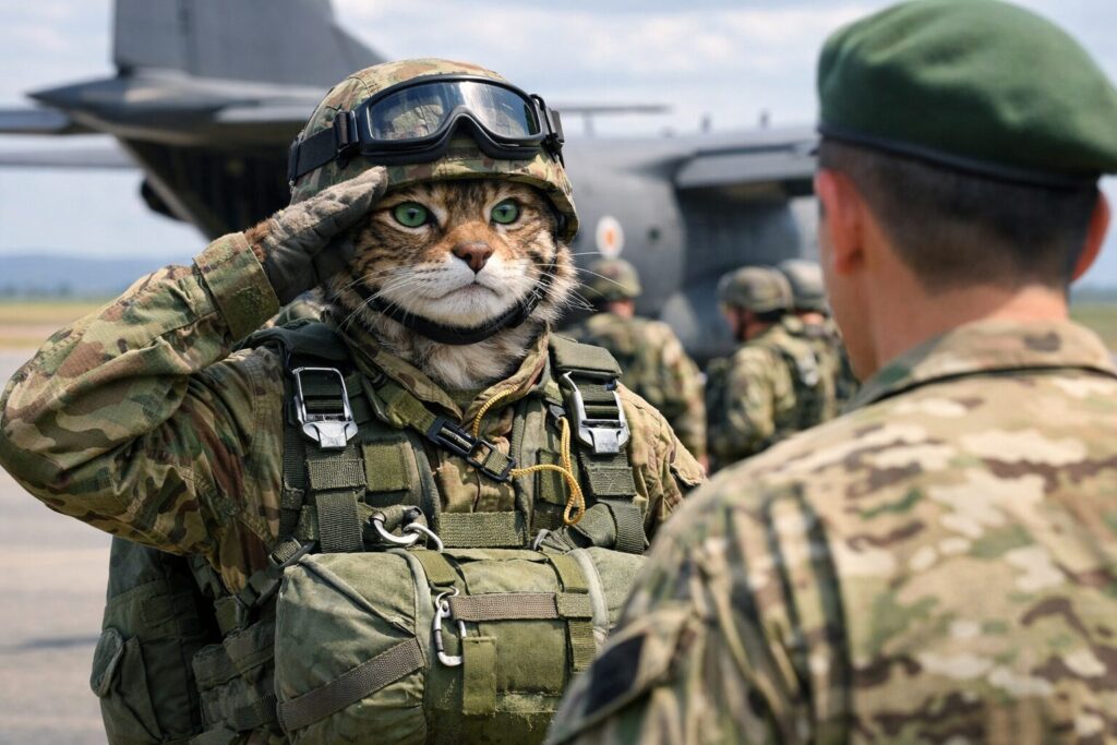 上官に敬礼する山猫の空挺団員