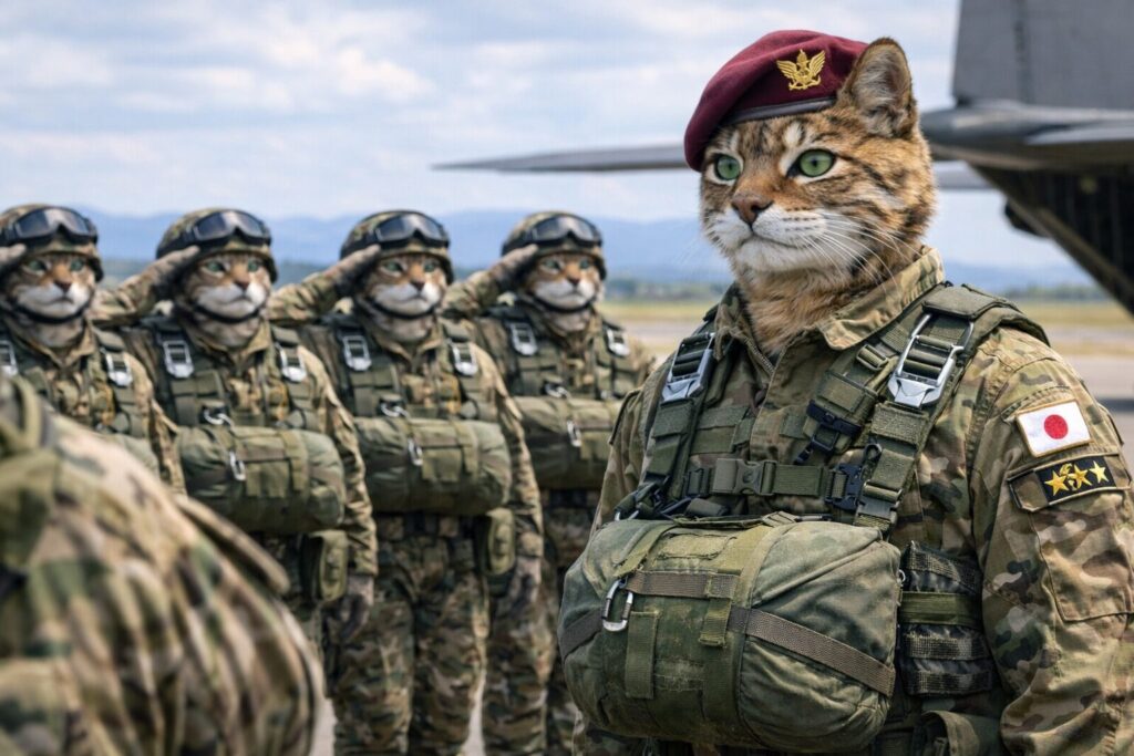 部下たちからの敬礼を受ける幹部空挺団員