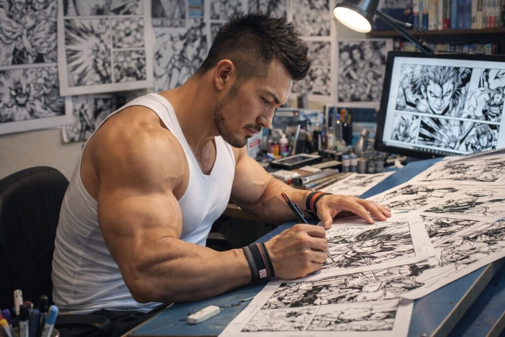 仕事中のマッチョな漫画家