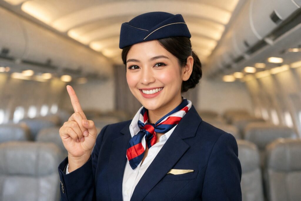 笑顔で人差し指をたてる女性キャビンアテンダント