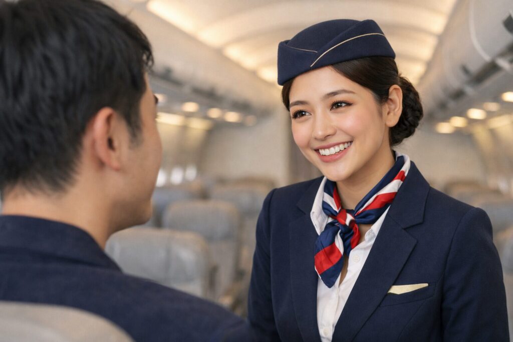 搭乗客に笑顔で話しかける女性キャビンアテンダント