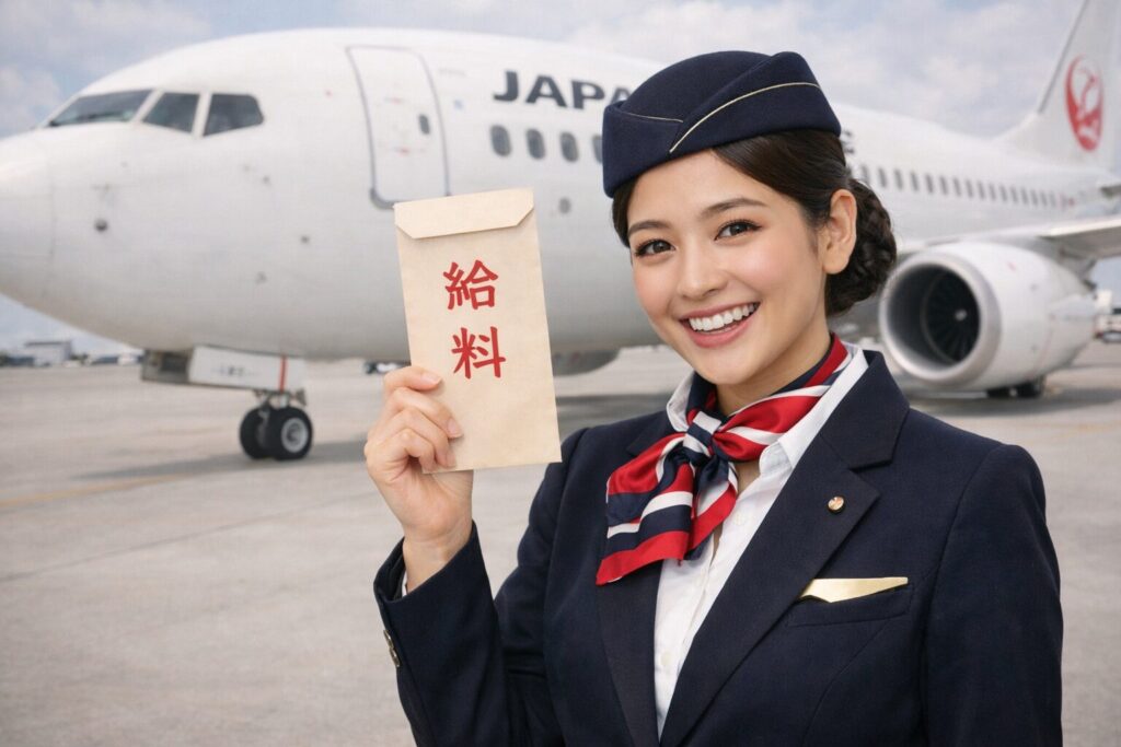 JALの旅客機の前で給料袋を見せびらかすキャビンアテンダント
