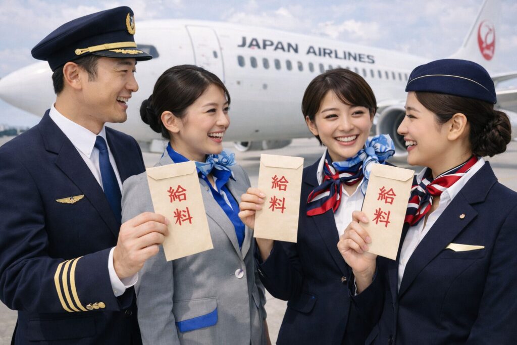 給料袋を見せつけ合うANAとJALのスタッフたち