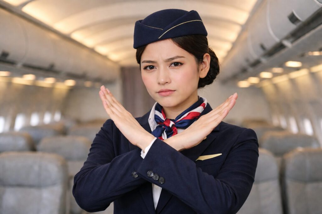 両手で×をつくるキャビンアテンダント