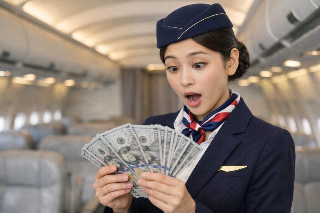 驚いた顔で札束を数えるキャビンアテンダント