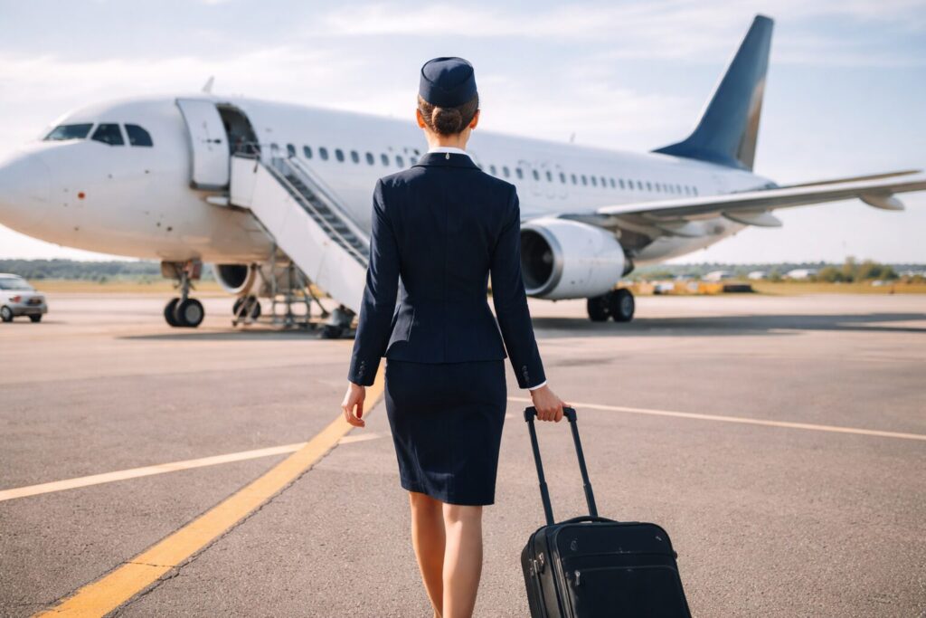 旅客機に向かって歩くキャビンアテンダントの後ろ姿