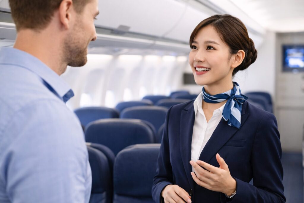 外国人客と会話する日本のキャビンアテンダント