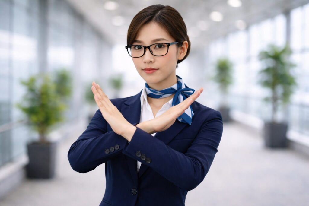 両手で×を作るメガネをかけたキャビンアテンダント