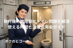 旅客機のトイレを案内する笑顔のCA
