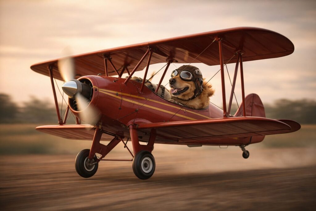 離陸態勢の複葉機を操縦するレトリバーのパイロット