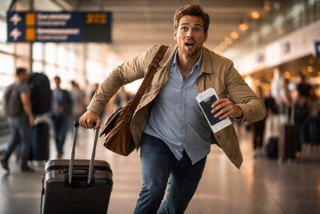 飛行機に乗り遅れそうで空港を走る男性の乗客