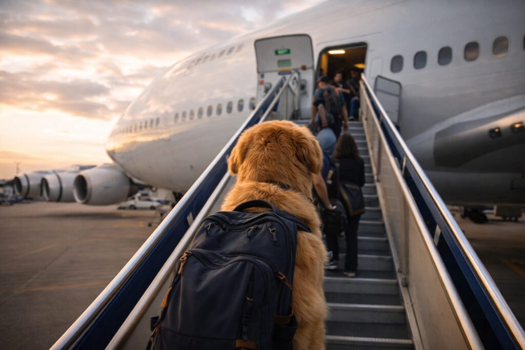 超大型飛行機に乗り込むレトリバーの乗客