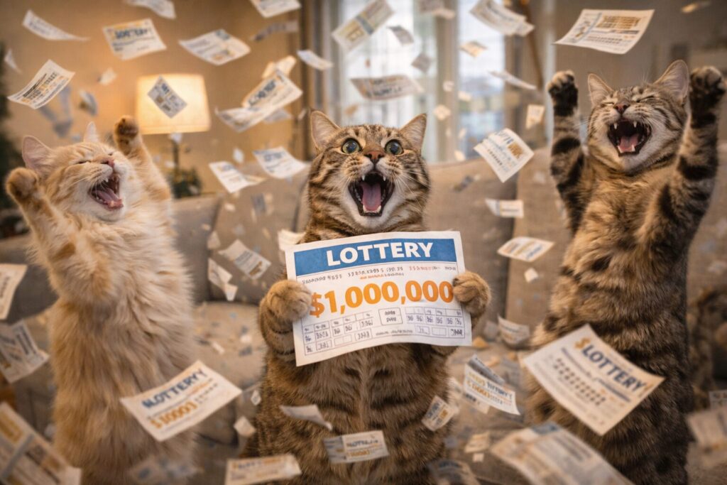 宝くじが当たって狂喜乱舞する猫の家族
