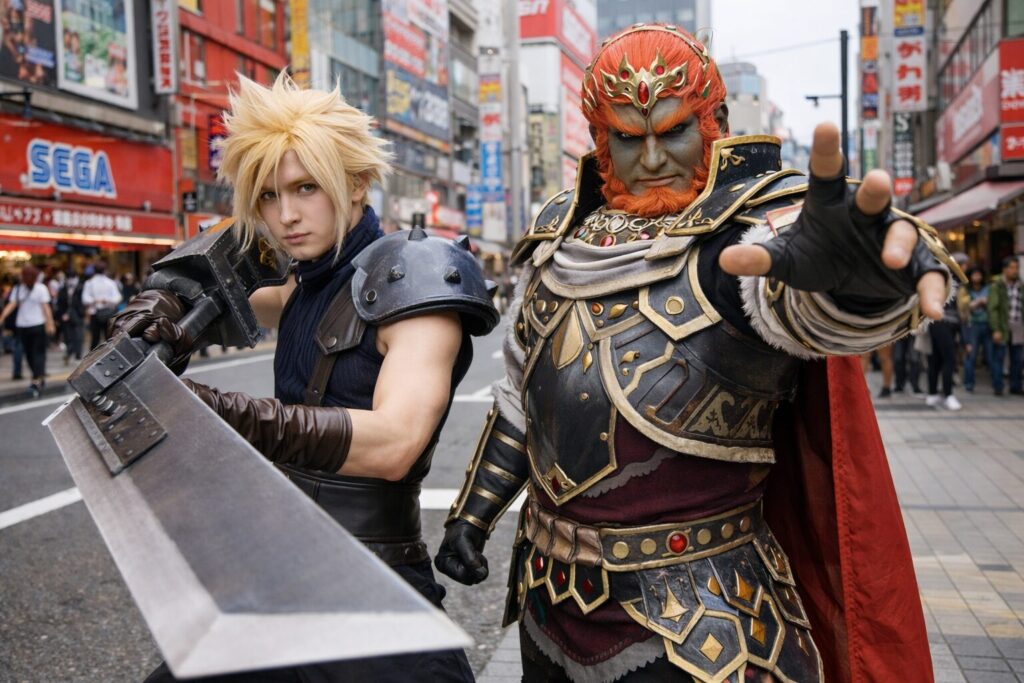 秋葉原でポージングをするスマブラのクラウド・ストライフとガノンドロフのコスプレイヤー