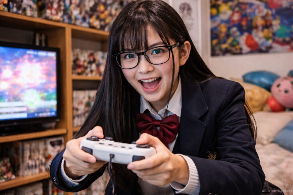 ゲームに熱くなるメガネのオタク女子高生