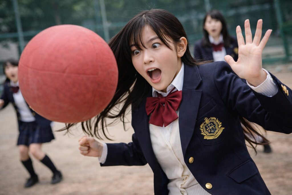 ドッジボールでボールをよける女子高生
