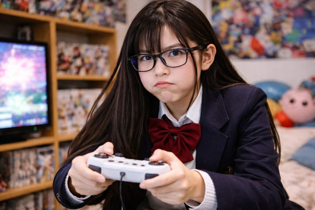 ゲームをしながら不満な顔をするオタク女子高生