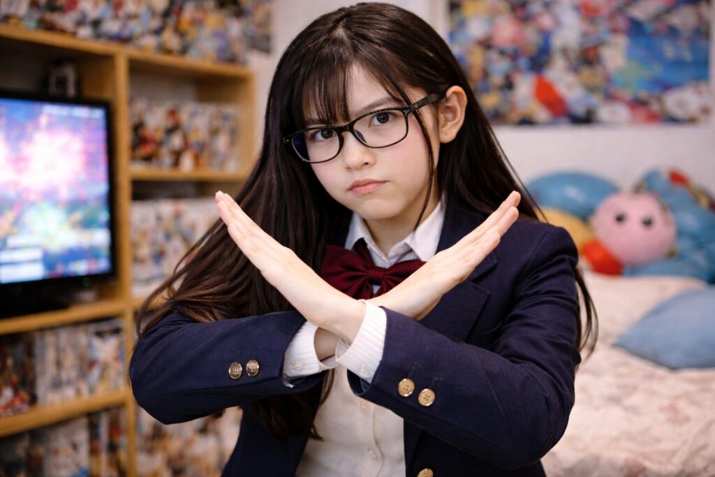 両手で×を作るメガネのオタク女子高生