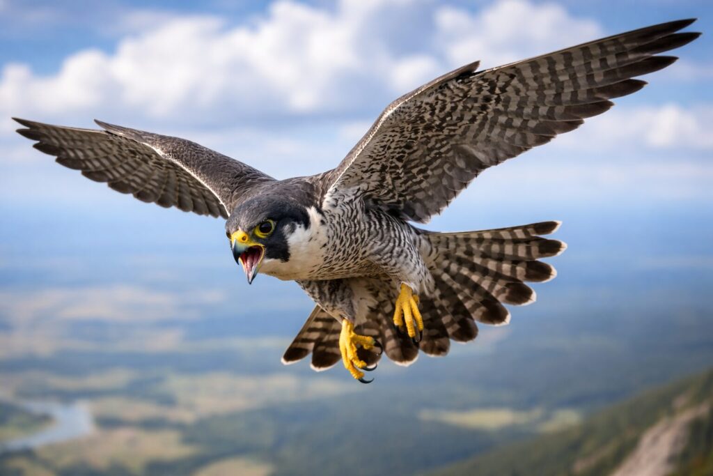 高空で獲物を発見して攻撃態勢にはいるハヤブサ