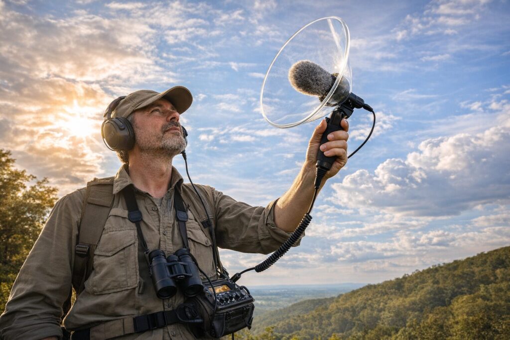 マイクを空に向けるバードウォッチャー