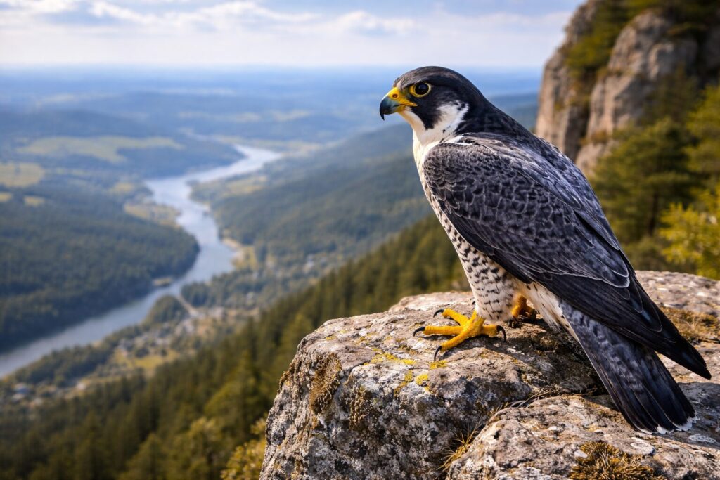 高い崖の上から下界を見下ろすハヤブサ