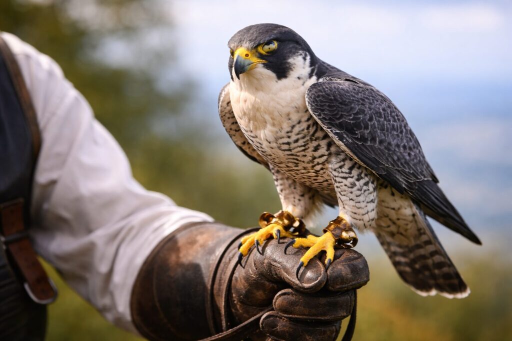 鷹匠の腕にとまって目を閉じるハヤブサ