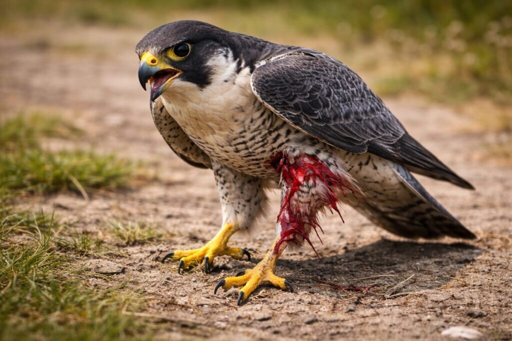 ケガをして苦しそうに地上を歩くハヤブサ