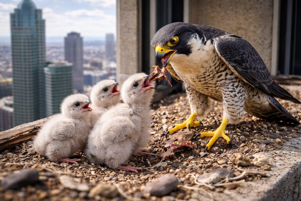 高層ビルの窓辺で子育てをするハヤブサ